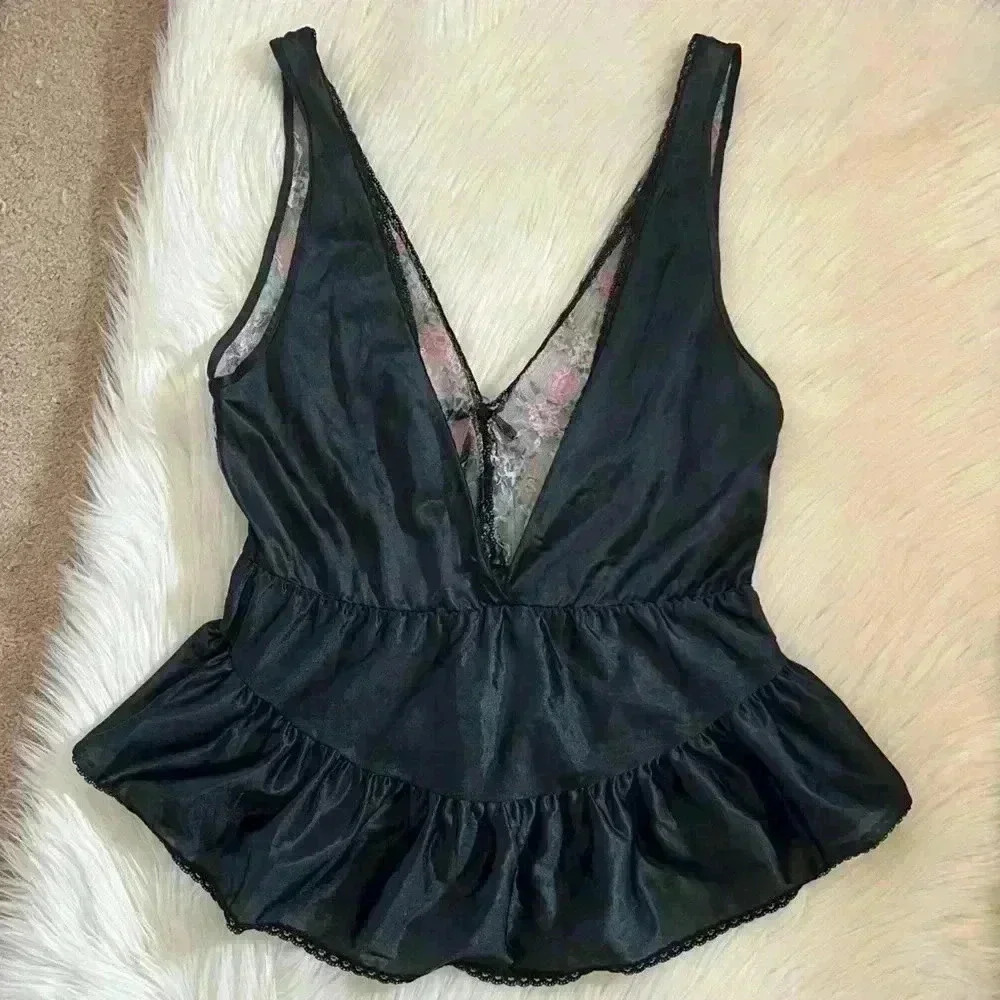 Vintage Floral Sheer Lace Deep V Ruffle Camisole Large - Picture 5 of 5